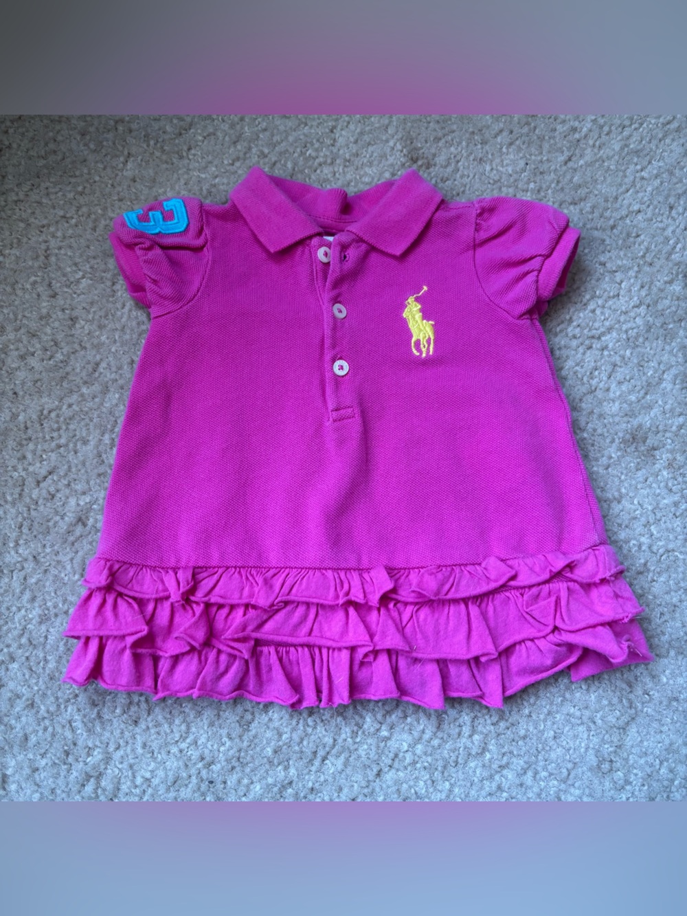 Ralph Lauren Baby Girls Pink Knit Cotton Ruffle Logo Dress Cotton Size 3M